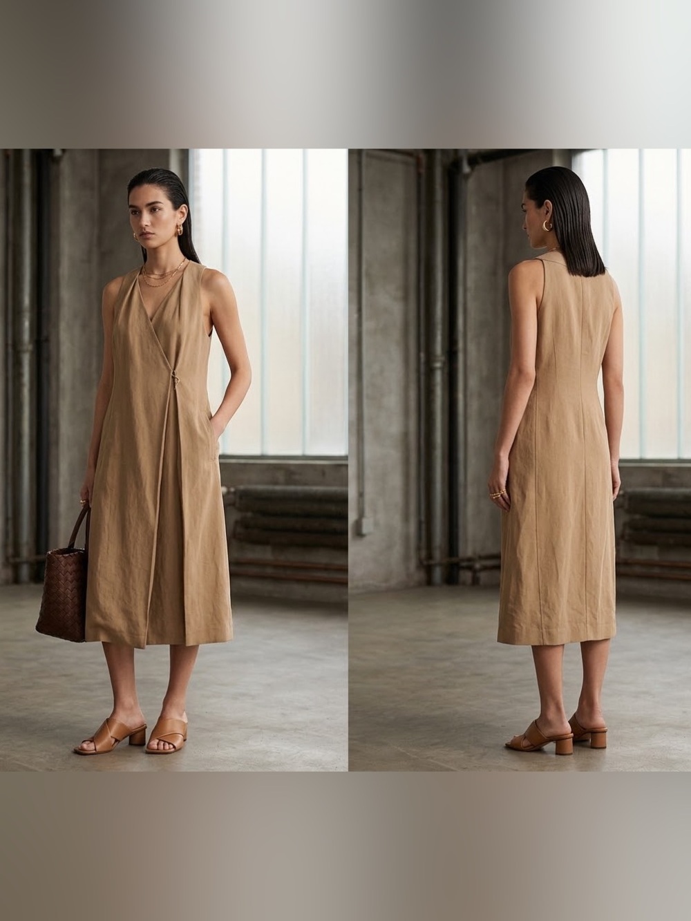 MARNI Tan Linen-Viscose Asymmetric Wrap Midi Dress / Vest Dress - IT40